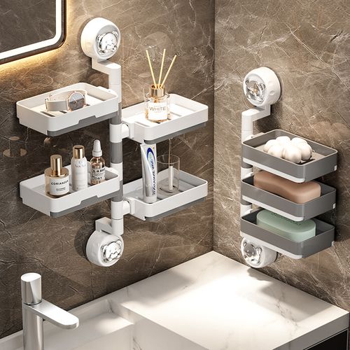 Plastic Suction-Mount Wall-Mounted Punch-Free Rotating Drainage Soap Dish Rack for Bathroom Washbasin