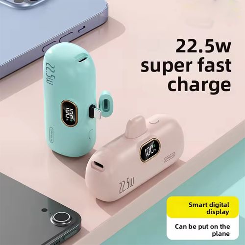 5000mAh Small Capsule Power Bank with Display - 22.5W Fast Charging Dual Type-C Portable Charger - Capsule Design for Travel