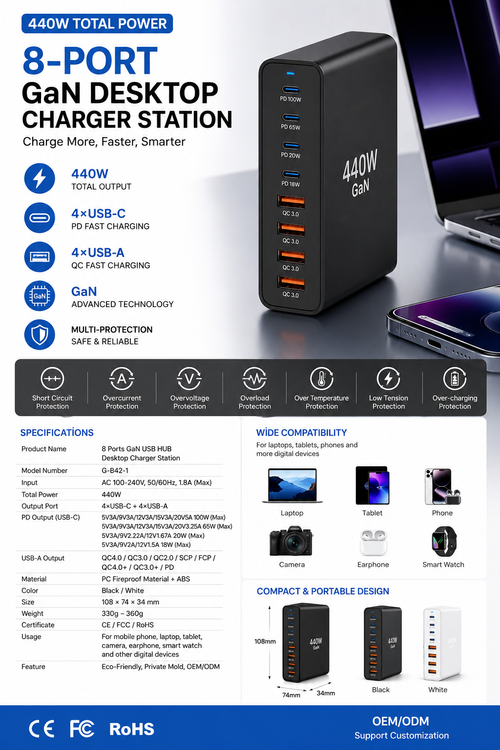 440W GaN Smart Charger Adapter USB PD3.0 SCP for UK for Smartphone Camera Tablet Home Desktop Mobile Phone 100W Output