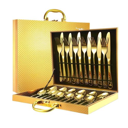 Classic Design 24-Piece Stainless Steel Gold Plated Knife Spoon Fork Set with Case Dishwasher Safe & Durable