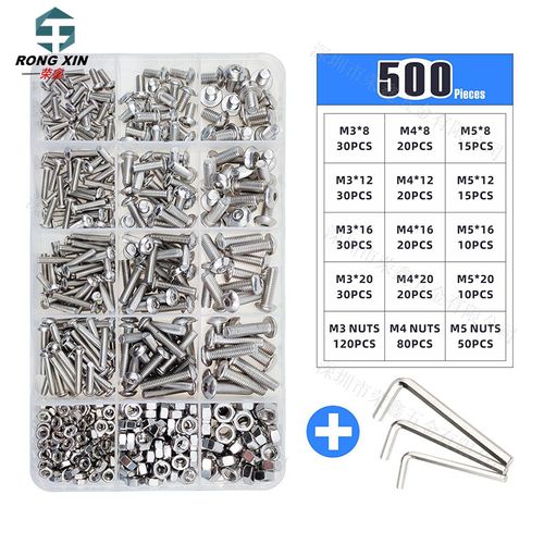 500PCS M3M4M5 304 Stainless Steel Hex Socket Button Head Screw & Nut Assortment Kit with Tools