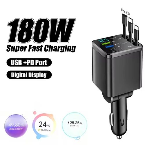 7 in 1 Retractable Car Charger USB Type C PD Retractable Cable for iPhone Samsung Fast Charging Cord Cigarette Lighter Adapter