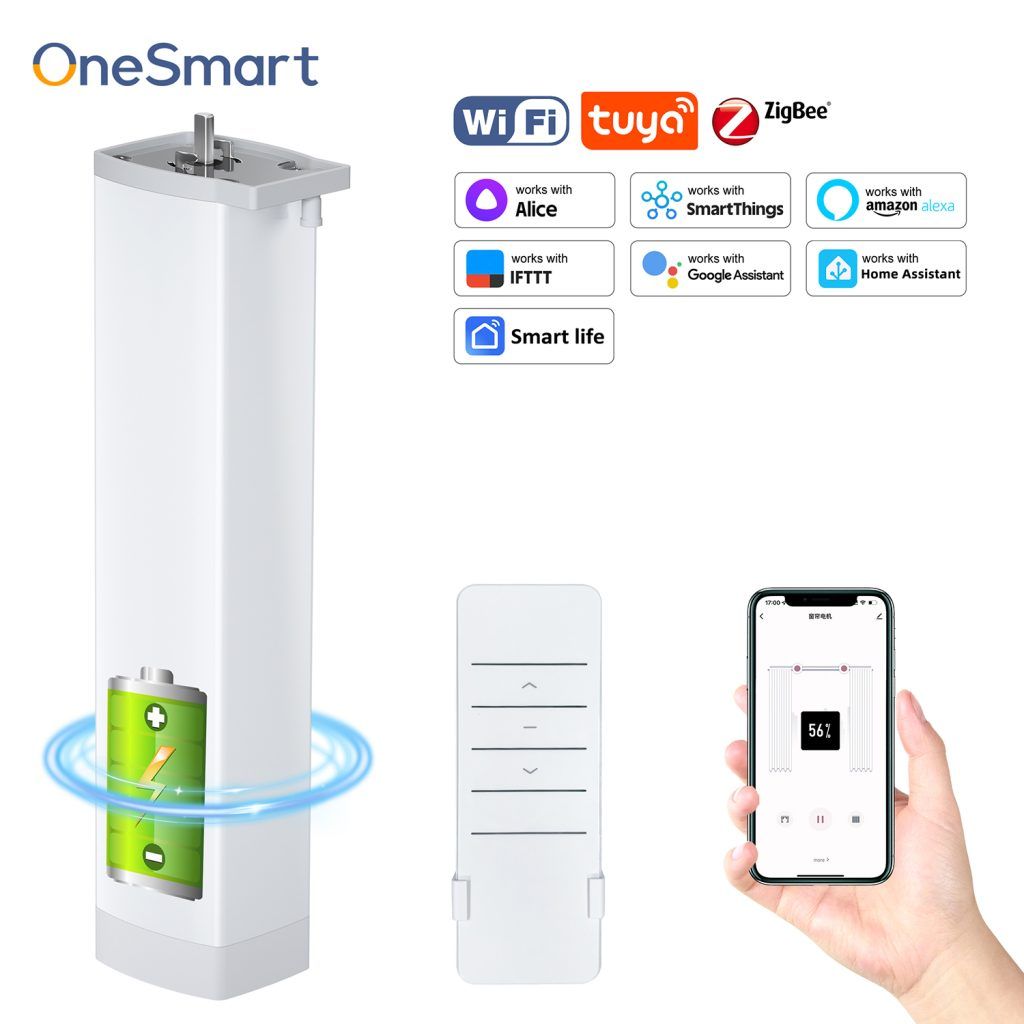 OneSmart Battery Powered Tuya Matter Curtain Motor  Voice Remote & Auto-Open Close