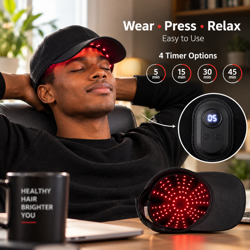 Red light hair growth cap built with 96 LEDs, wireless charging design and 4 adjustable levels, used for hair regeneration and scalp care to get thicker fuller hair, free shipping and cash on delivery