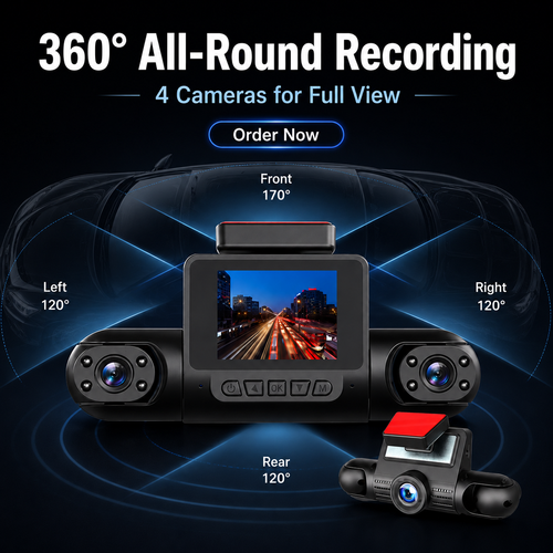 4 Channel Car Dash Cam with HD Night Vision & Parking Monitoring