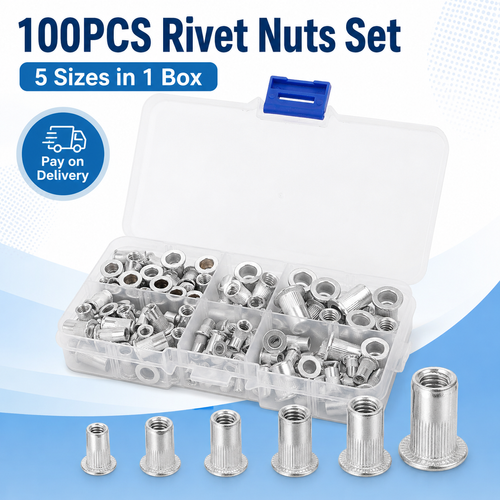 Hot Sale One Hundred Pcs Aluminum Threaded Rivet Insert Nuts, Heavy Duty Fastener Accessories For Mounting Auto Switches On Metal Plates And Hollow Tubing Structures