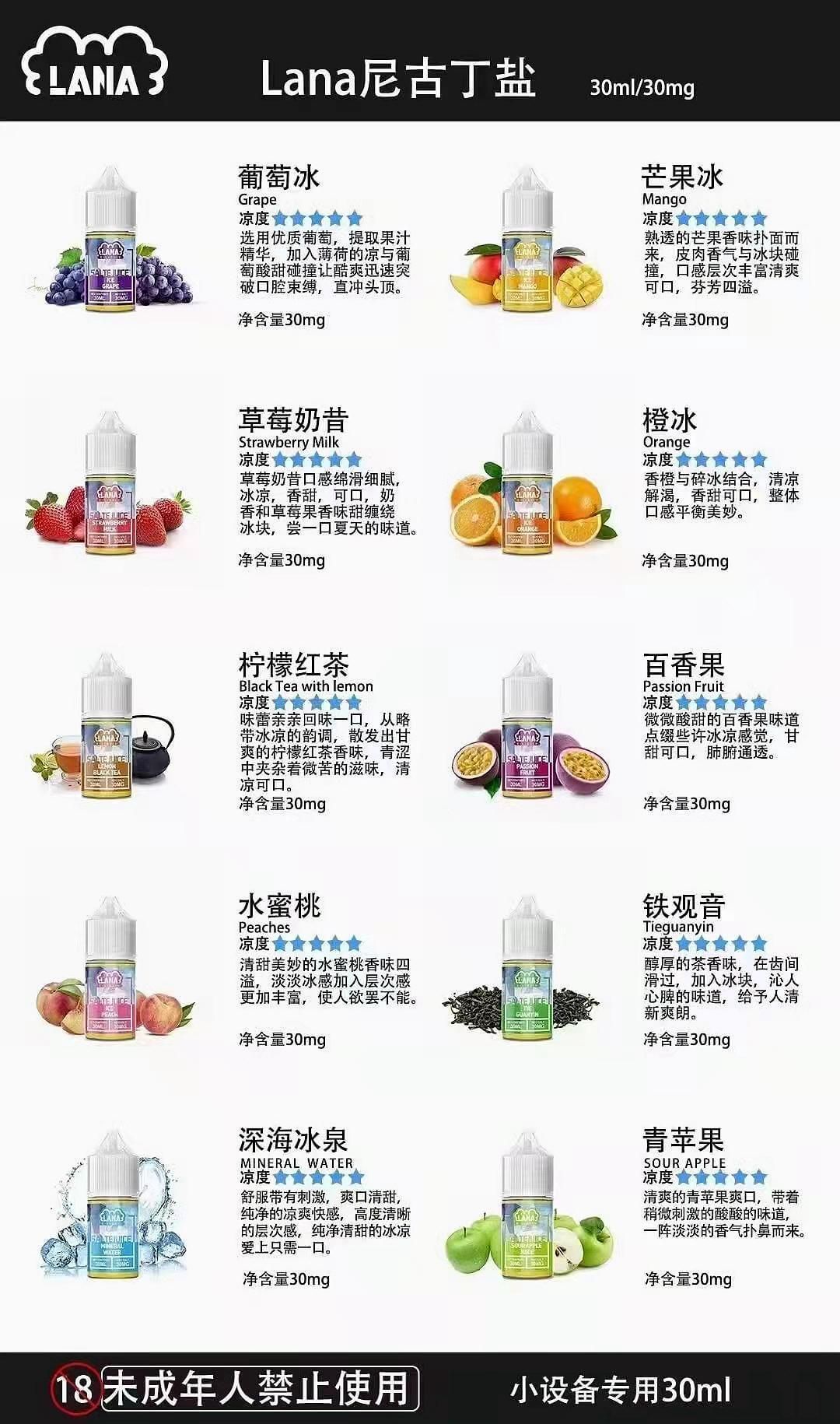 正品LANA系列煙油  灌裝油-30ML-30MG 多種口味選擇-ILIA糖果雲煙館