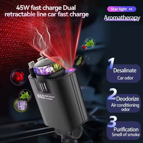 Luxury Retractable Car Charger with Aromatherapy and Starlight USB C Adapter Ambient Lighting Car Air Freshener