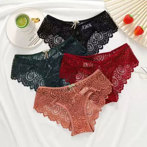 Comfortable Underwear Soft and Comfortable 4pcs Women's Solid Color Underwear Set | Contrast Lace Print Stitching