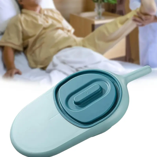 Portable Commode Durable Portable Covered Bedside Commode | Light Blue Plastic Care Toilet with Long Handle and Smooth Sloped Design for Elderly and Bedridden Patients