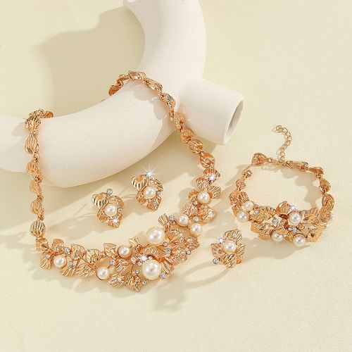Conjunto de colar e brincos com design de flor vazada com pérola imitada, estilo europeu e americano, conjunto de joias para mulheres