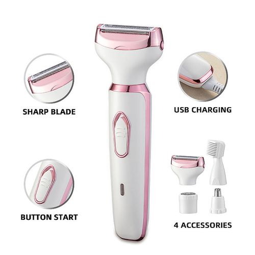 Aparador elétrico recarregável 4‑em‑1 para mulheres: aparador de pelos nasais, remoção de pelos corporais, aparador de sobrancelhas, barbeador facial e removedor de pelos íntimos