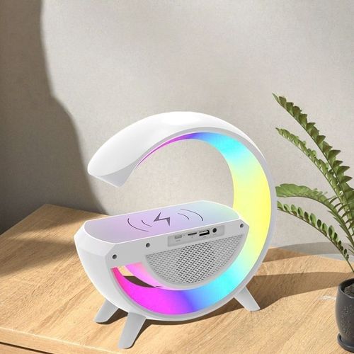Alto‑falante Bluetooth em formato G 4‑em‑1: despertador, carregador sem fio, luminária de mesa e luz de despertar
