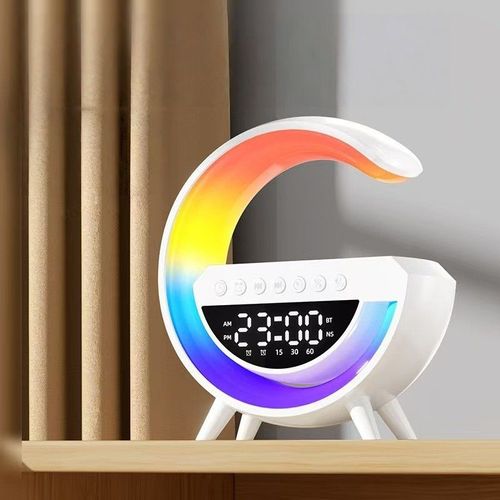 Alto‑falante Bluetooth em formato G 4‑em‑1: despertador, carregador sem fio, luminária de mesa e luz de despertar