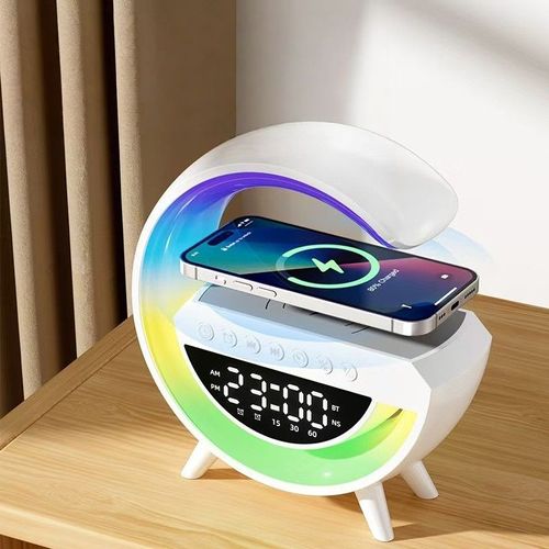 Alto‑falante Bluetooth em formato G 4‑em‑1: despertador, carregador sem fio, luminária de mesa e luz de despertar