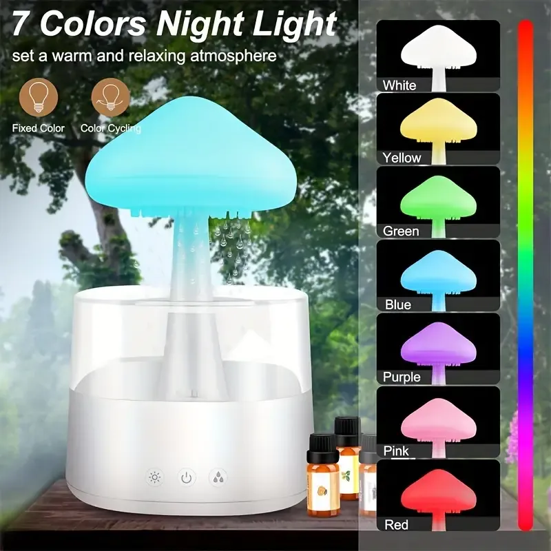 Rain Cloud Mushroom Humidifier  - 7 Color Mood Light & Soothing Waterfall Sound, USB Powered