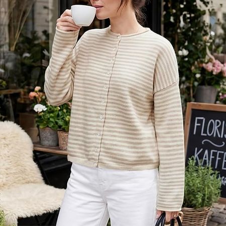 Women Button Down Knit Cardigan Y2K Striped Rolled Neck Open Front Sweater