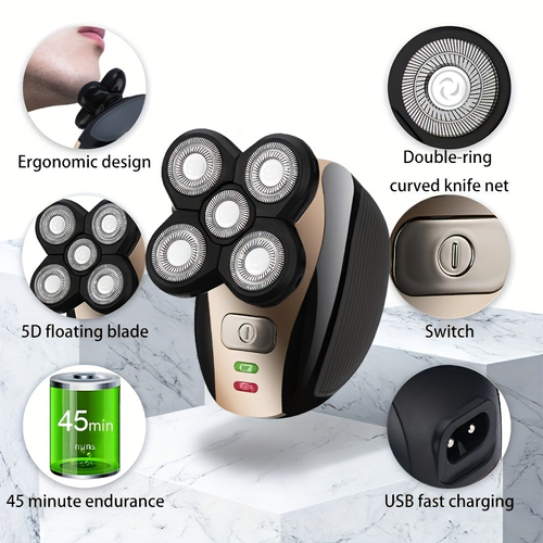 Kit de barbear 5 em 1 recarregável com máquina de cortar cabelo e lâmina de barbear para a cabeça careca