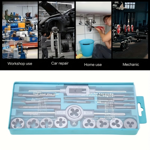 20pcs Conjunto de ferramentas de rosca métrica 20pcs - Kit de ferramentas de rosca de aço de precisão com cabo de chave inglesa, tamanhos M3 a M12, inclui caixa de armazenamento para rosca profissional