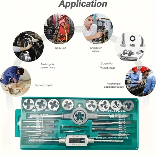 20pcs Conjunto de ferramentas de rosca métrica 20pcs - Kit de ferramentas de rosca de aço de precisão com cabo de chave inglesa, tamanhos M3 a M12, inclui caixa de armazenamento para rosca profissional