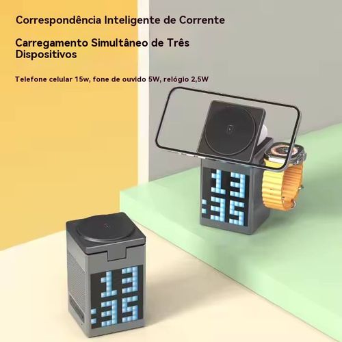 Carregador magnético multifuncional com despertador e altifalante Bluetooth para Apple