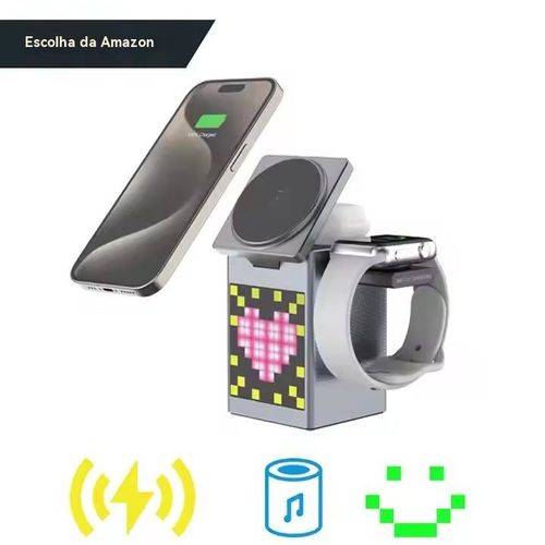 Carregador magnético multifuncional com despertador e altifalante Bluetooth para Apple