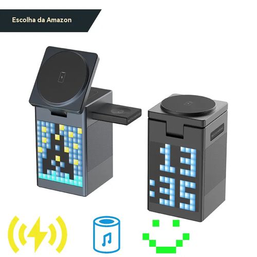 Carregador magnético multifuncional com despertador e altifalante Bluetooth para Apple