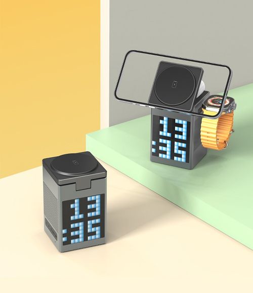 Carregador magnético multifuncional com despertador e altifalante Bluetooth para Apple