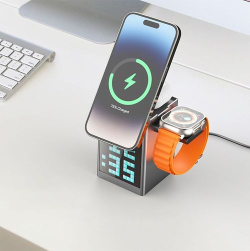 Carregador magnético multifuncional com despertador e altifalante Bluetooth para Apple