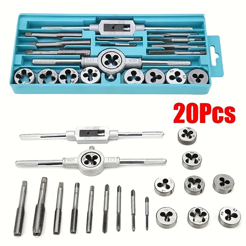 20pcs Conjunto de ferramentas de rosca métrica 20pcs - Kit de ferramentas de rosca de aço de precisão com cabo de chave inglesa, tamanhos M3 a M12, inclui caixa de armazenamento para rosca profissional