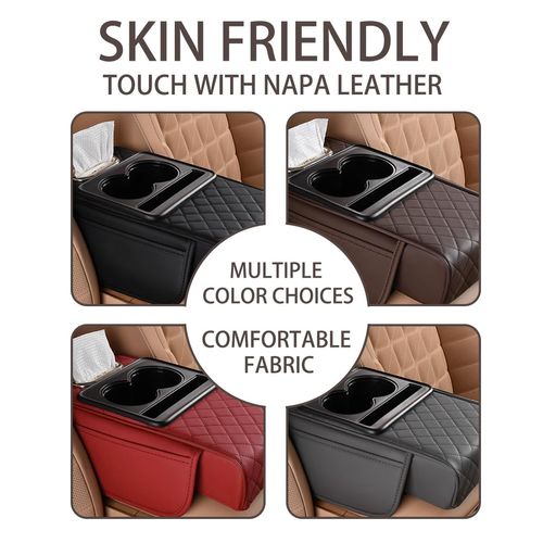 🔥HOT SALE🔥 COD！HZEL Car Center Console Cover, Leather Vehicle Armrest Cushion with Storage Bags, Cup Holder ＆ Tissue Box, Waterproof Auto Interior Arm Rest Seat Box Pad, Universal Fit (Coffee)