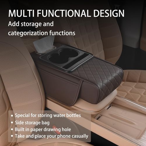 🔥HOT SALE🔥 COD！HZEL Car Center Console Cover, Leather Vehicle Armrest Cushion with Storage Bags, Cup Holder ＆ Tissue Box, Waterproof Auto Interior Arm Rest Seat Box Pad, Universal Fit (Coffee)