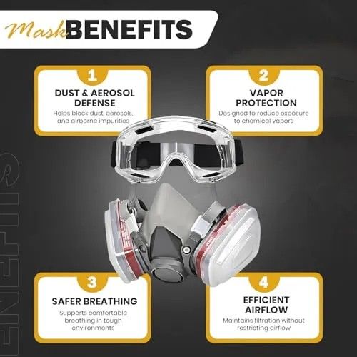 🔥HOT SALE🔥 COD！Respirator Mask for Spray Painting Woodworking Welding Dust and General Safety with Clear Eye Goggles 10 Replacement Filters Half Face Cover with Safety Glasses