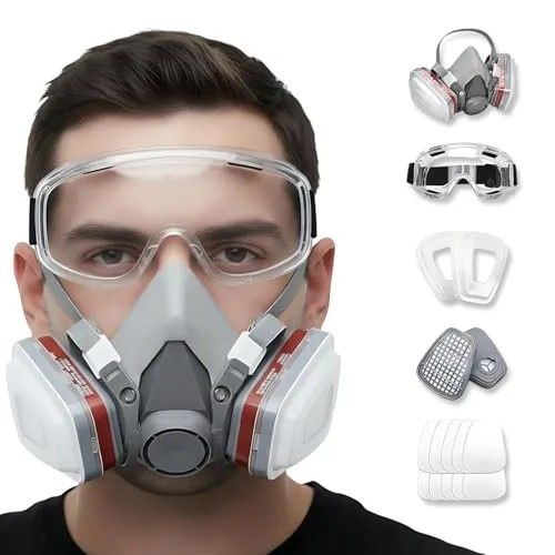 🔥HOT SALE🔥 COD！Respirator Mask for Spray Painting Woodworking Welding Dust and General Safety with Clear Eye Goggles 10 Replacement Filters Half Face Cover with Safety Glasses