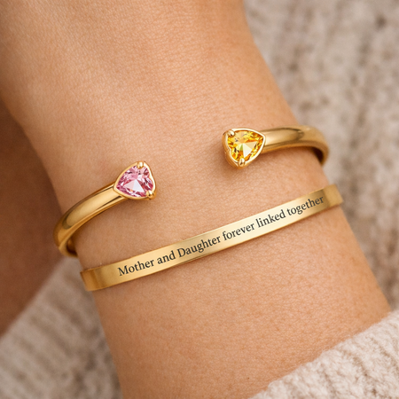 Custom-heart-shape Birthstone Bangle with Engraving-Personalized Jewelry Gift for mon,lover,wife-everydaybliss