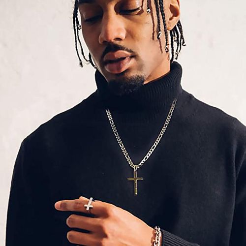 Vintage Cross Pendant Necklace for Men Stainless Steel Cuban Link Chain in Black Gold Silver Jewelry with Butterfly Shape Gift