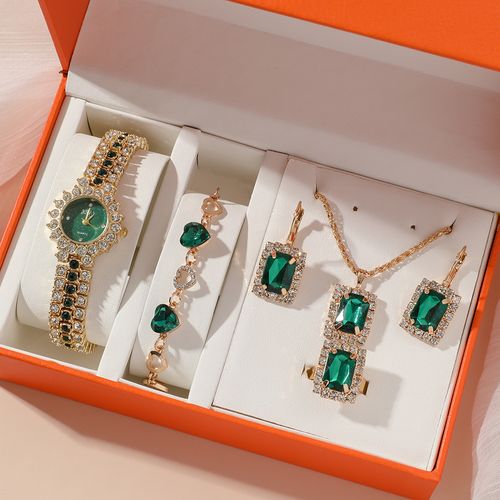 Elegant Green Watch & Jewelry Gift Set – 5pcs Boxed for Women