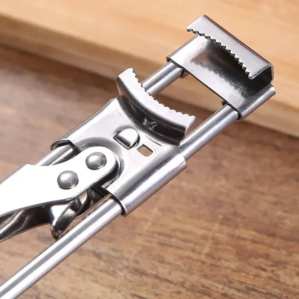 This adjustable, multi functional bottle cap opener, made of stainless steel, makes it easy to open can lids with a labor-saving screw-type r.