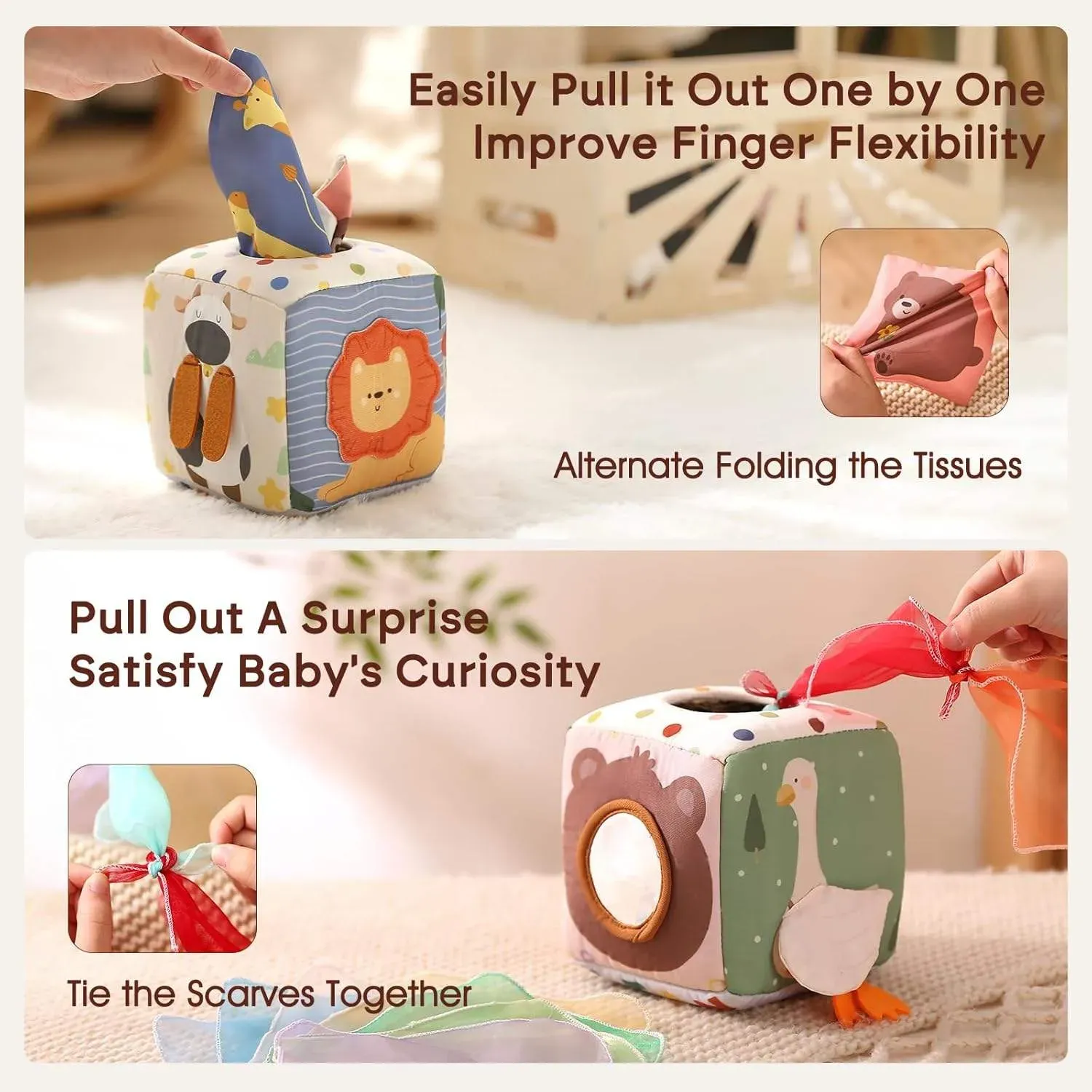 Keep Your Baby Busy & Smart! 🧠 Sensory Tissue Box Toy with Crinkle Silks & Safety Mirror - Perfect Early Learning Gift