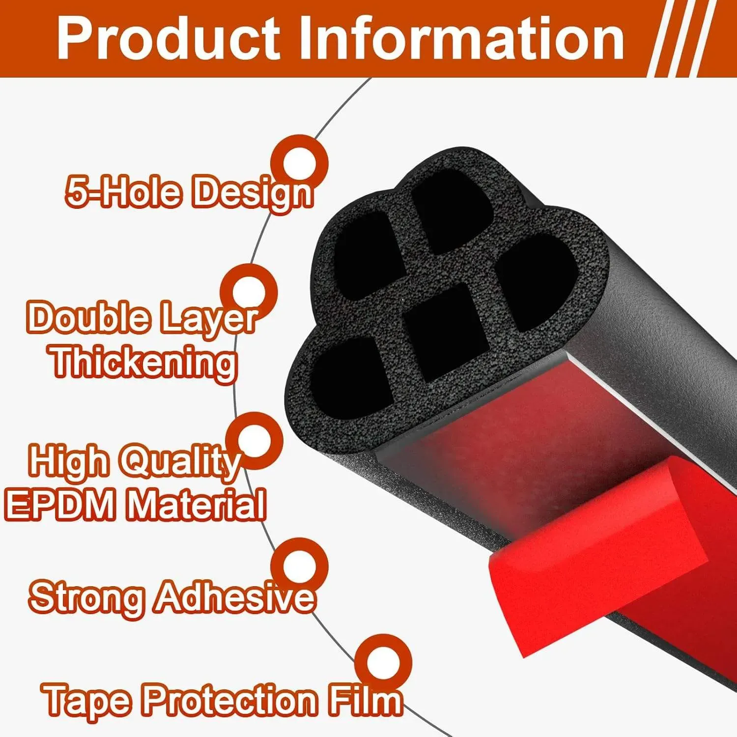 Universal Self-Adhesive Double-Layer 5-Hole EPDM Rubber Door Weather Stripping, Suitable for Trucks, SUVs and RVs