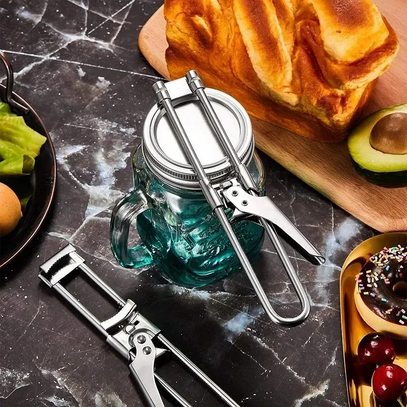 This adjustable, multi functional bottle cap opener, made of stainless steel, makes it easy to open can lids with a labor-saving screw-type r.