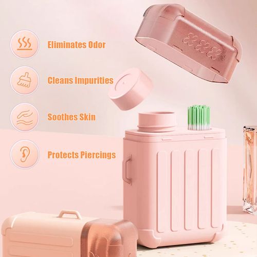 Earring and piercing cleaner, ear piercing cleaning kit, ear care, behind-the-ear cleaning and deodorizing, gentle daily care, portable travel size.