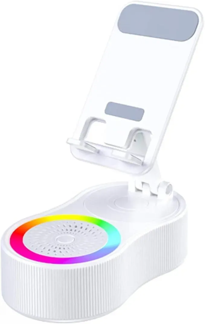 High-definition Bluetooth speaker, 5-in-1 multi-functional phone stand, emergency charging, colored lights, matte black appearance.