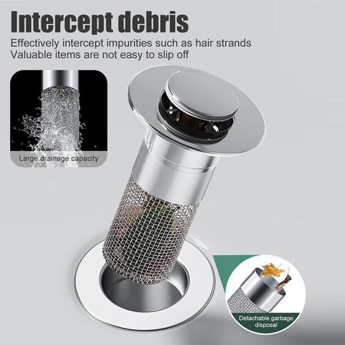 (2pcs 1set）Universal pop-up sink drain filter with hair collector and stainless steel filter basket and brass drain plug.
