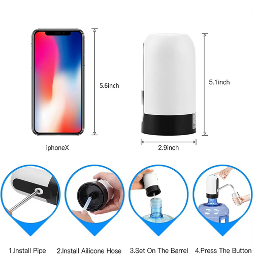 Water dispenser for 5-gallon water tanks - rechargeable water pump, BPA-free, 30-40 day battery life, one-button operation.
