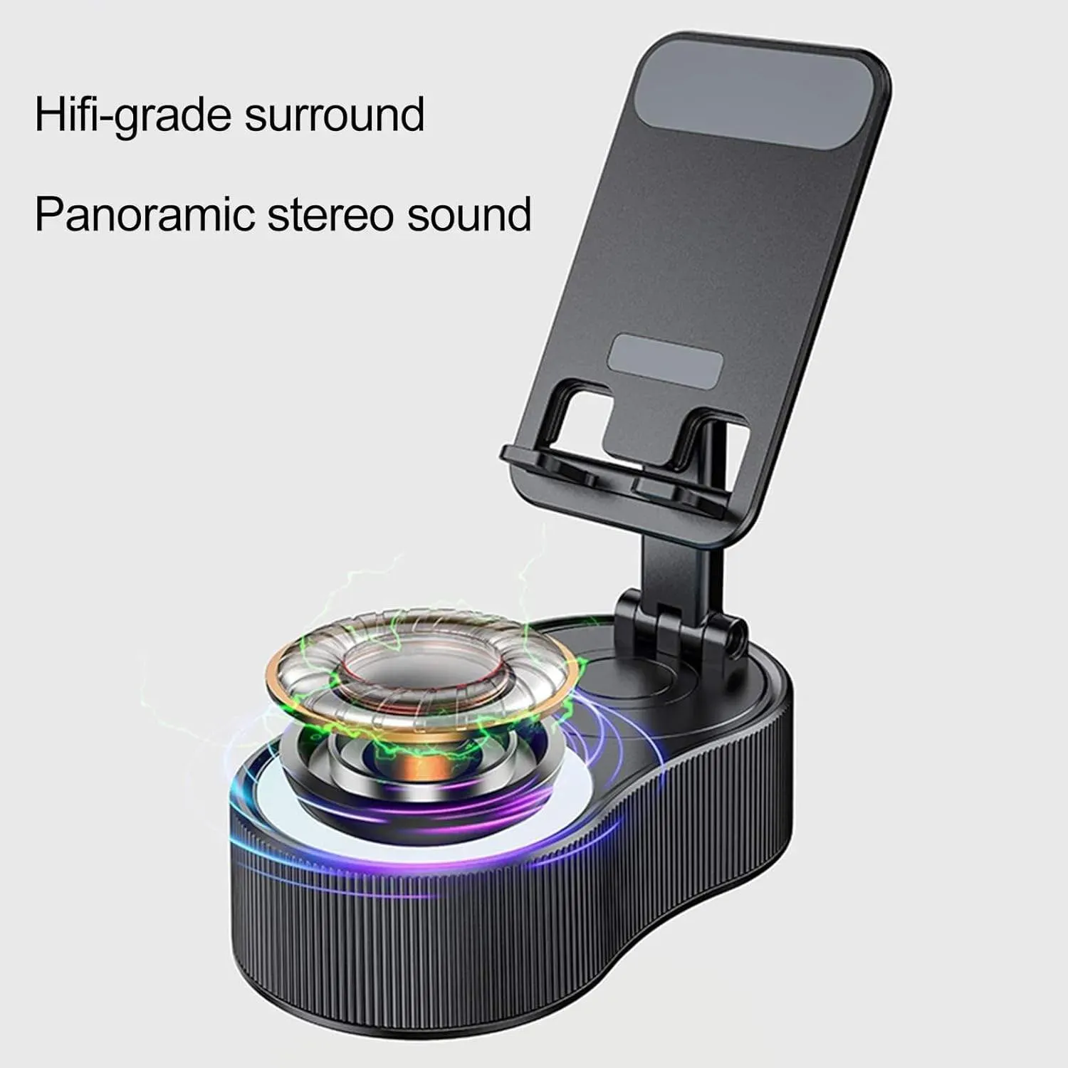 High-definition Bluetooth speaker, 5-in-1 multi-functional phone stand, emergency charging, colored lights, matte black appearance.