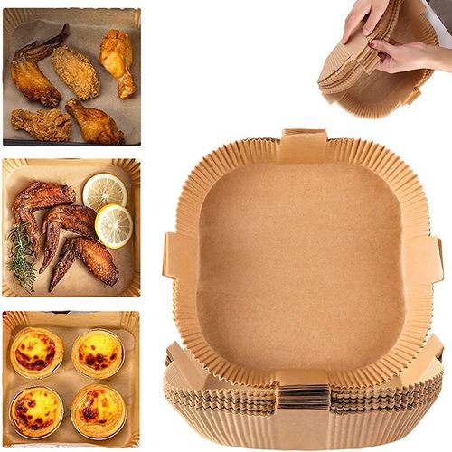 （100pcs 1set）Food Grade Silicone Air Fryer Liners | Unperforated Brown Round Disposable Baking & Cooking Paper | Non-Stick Oil-Proof Easy Cleanup