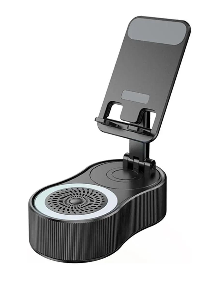 High-definition Bluetooth speaker, 5-in-1 multi-functional phone stand, emergency charging, colored lights, matte black appearance.