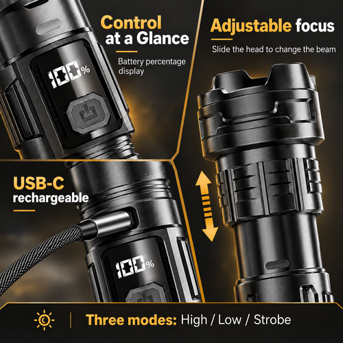 T108 Rechargeable Zoom Flashlight with Digital Battery Display