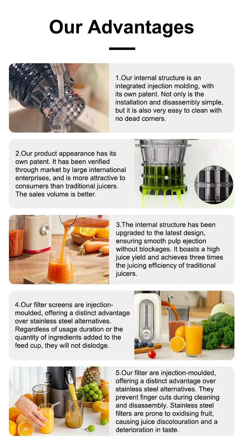 Slow Juicer with No-Mesh Filter - 50 RPM, 65dB & Easy Disassembly